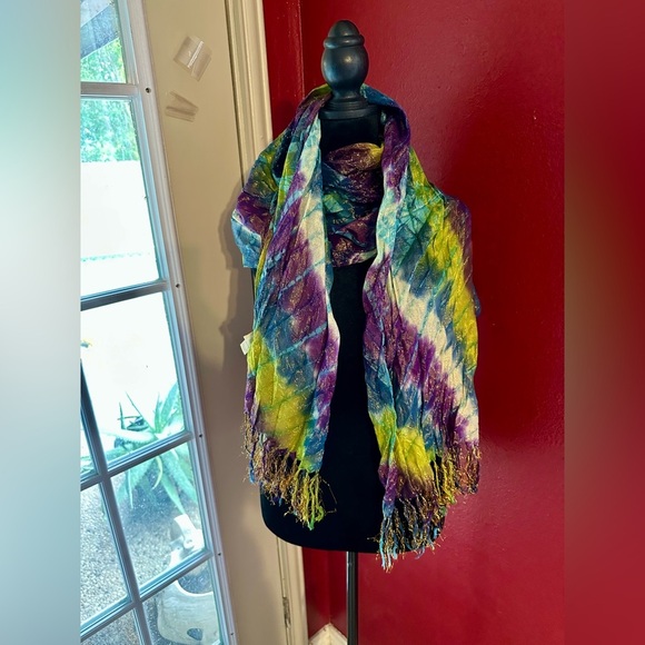 Mudd Tie Dye Metallic Scarf Wrap Shawl Fringe Boho Festival Hippie Viscose - Picture 5 of 7